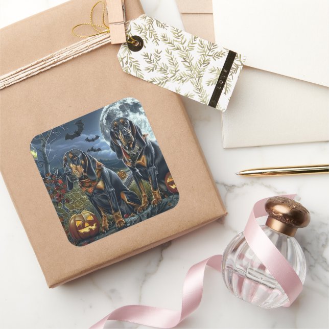 Bluetick Coonhound Halloween Spooky Square Sticker (Gifting)