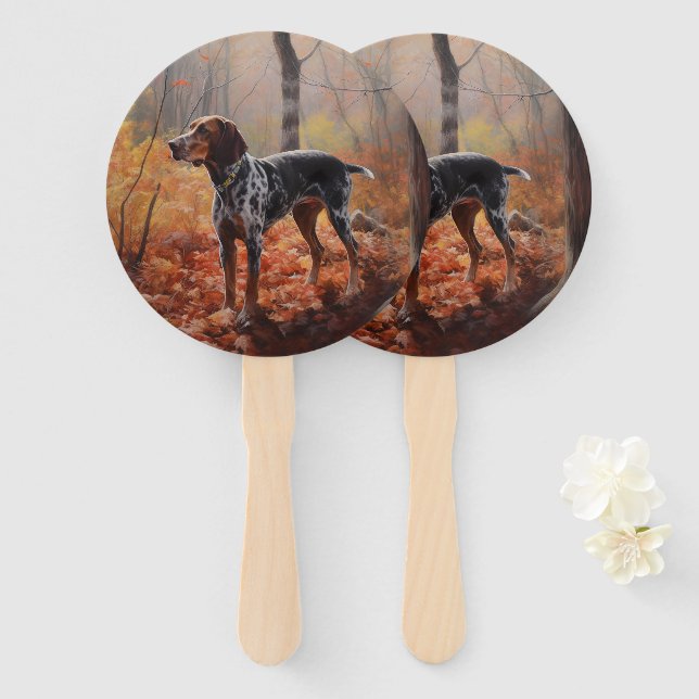Bluetick Coonhound in Autumn Leaves Fall Inspire Hand Fan (Front and Back)
