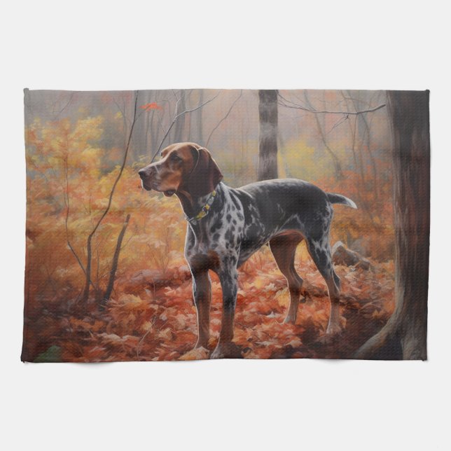 Bluetick Coonhound in Autumn Leaves Fall Inspire Kitchen Towel (Horizontal)