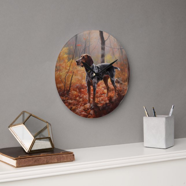 Bluetick Coonhound in Autumn Leaves Fall Inspire Large Clock (Office)