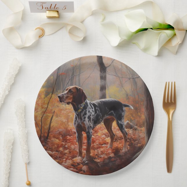 Bluetick Coonhound in Autumn Leaves Fall Inspire Paper Plates (Wedding)
