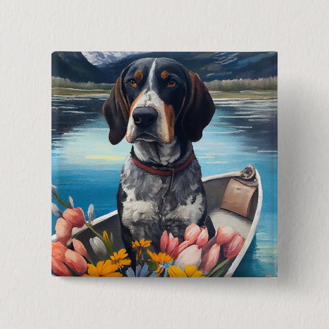 Bluetick Coonhound on a Paddle: A Scenic Adventure Button (Front)