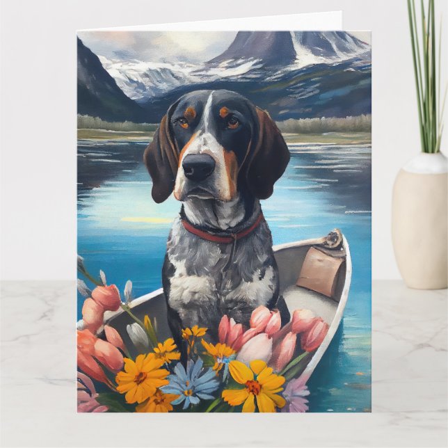 Bluetick Coonhound on a Paddle: A Scenic Adventure Card (Front)