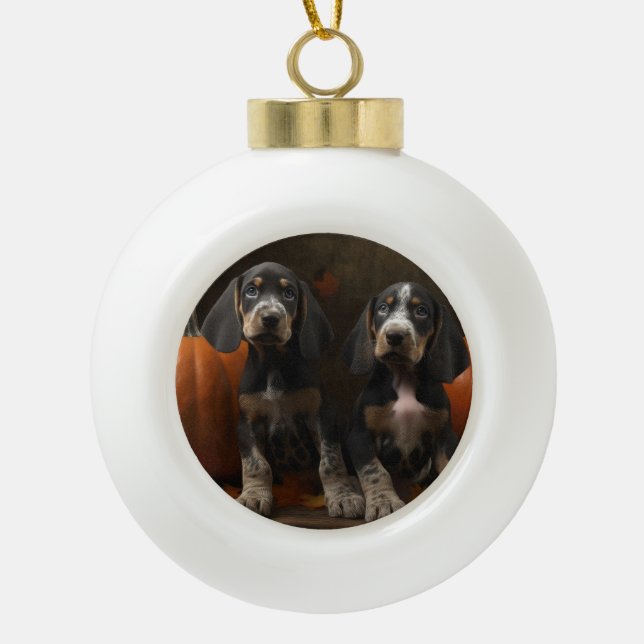 Bluetick Coonhound Puppy Autumn Delight Pumpkin  Ceramic Ball Christmas Ornament (Front)