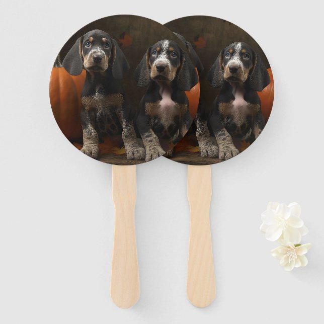 Bluetick Coonhound Puppy Autumn Delight Pumpkin  Hand Fan (Front and Back)