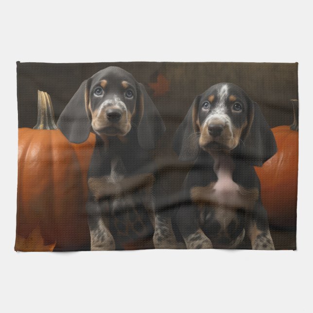 Bluetick Coonhound Puppy Autumn Delight Pumpkin  Kitchen Towel (Horizontal)