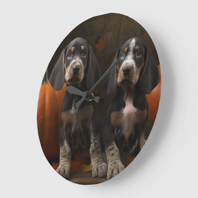 Bluetick Coonhound Puppy Autumn Delight Pumpkin  Large Clock (Angle)