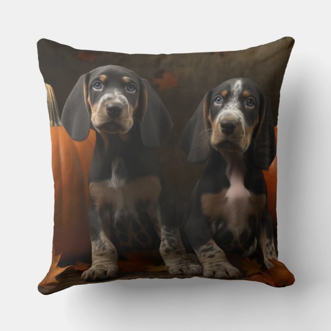 Bluetick Coonhound Puppy Autumn Delight Pumpkin  Throw Pillow (Back)