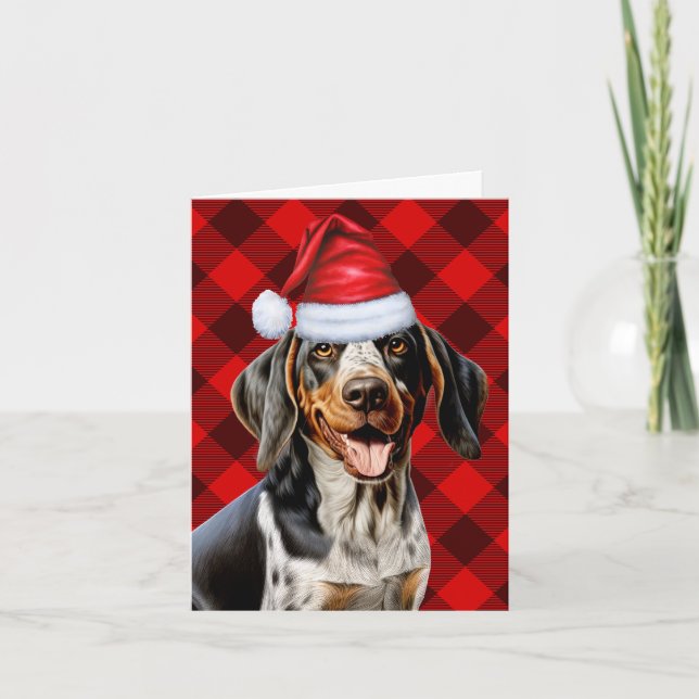Bluetick Coonhound Red Buffalo Plaid Christmas Holiday Card (Front)