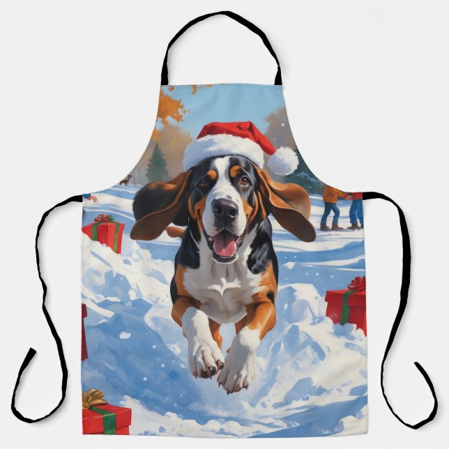 Bluetick Coonhound Running in Snow with Christmas  Apron (Front)