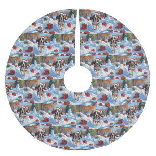 Bluetick Coonhound Running in Snow with Christmas  Brushed Polyester Tree Skirt