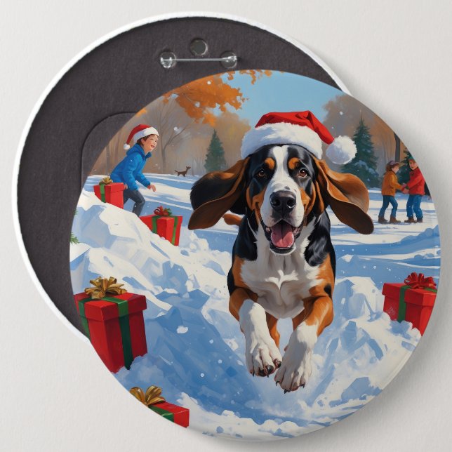 Bluetick Coonhound Running in Snow with Christmas  Button (Front & Back)