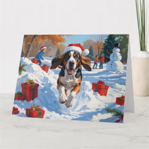 Bluetick Coonhound Running in Snow with Christmas  Card