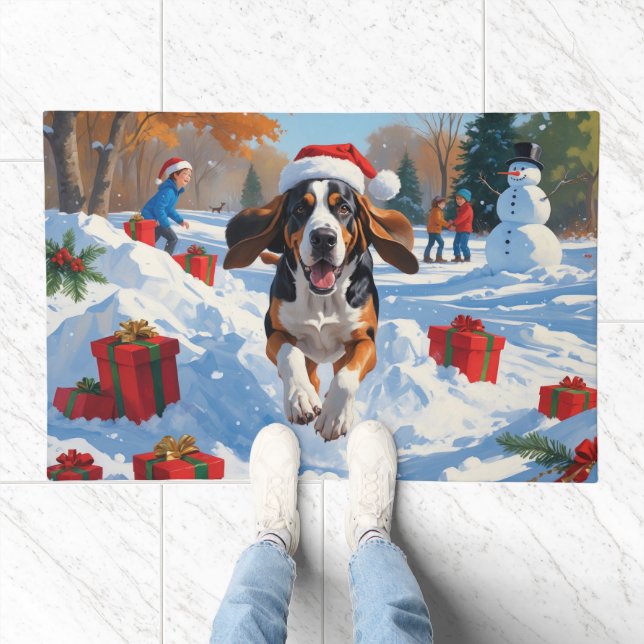 Bluetick Coonhound Running in Snow with Christmas  Doormat (Indoor)