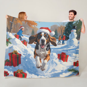 Bluetick Coonhound Running in Snow with Christmas  Fleece Blanket