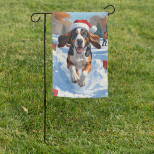 Bluetick Coonhound Running in Snow with Christmas  Garden Flag