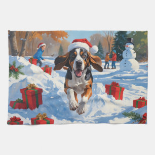 Bluetick Coonhound Running in Snow with Christmas Kitchen Towel