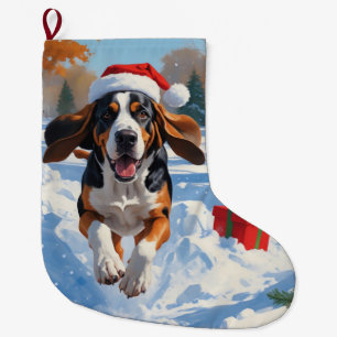 Bluetick Coonhound Running in Snow with Christmas  Large Christmas Stocking