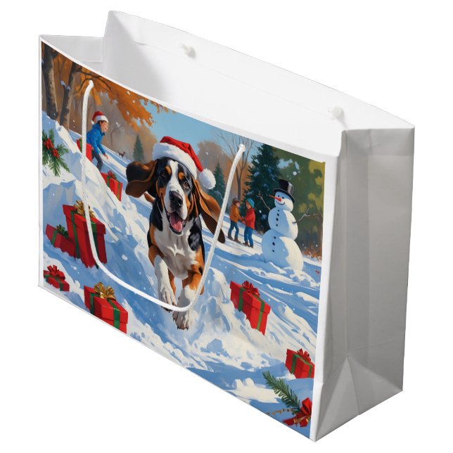 Bluetick Coonhound Running in Snow with Christmas  Large Gift Bag (Front Angled)