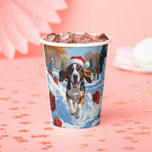 Bluetick Coonhound Running in Snow with Christmas  Paper Cups