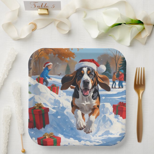 Bluetick Coonhound Running in Snow with Christmas  Paper Plates (Wedding)