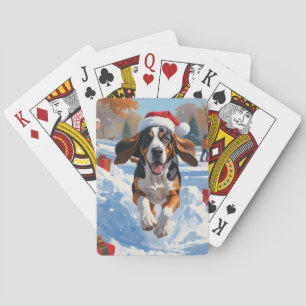 Bluetick Coonhound Running in Snow with Christmas  Poker Cards