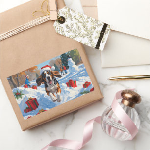 Bluetick Coonhound Running in Snow with Christmas  Rectangular Sticker