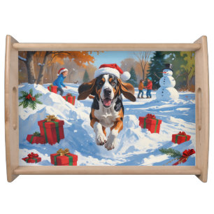 Bluetick Coonhound Running in Snow with Christmas  Serving Tray