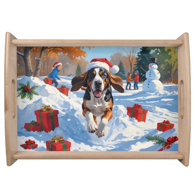 Bluetick Coonhound Running in Snow with Christmas  Serving Tray (Front)