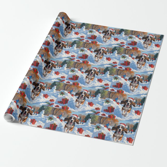 Bluetick Coonhound Running in Snow with Christmas  Wrapping Paper (Unrolled)