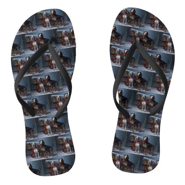 Bluetick Coonhound Snowy Sleigh Christmas Decor  Flip Flops (Footbed)