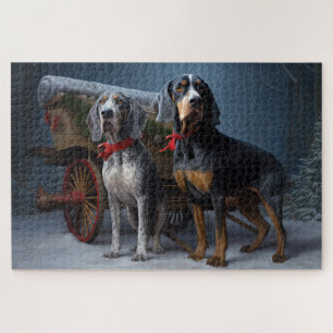 Bluetick Coonhound Snowy Sleigh Christmas Decor Jigsaw Puzzle