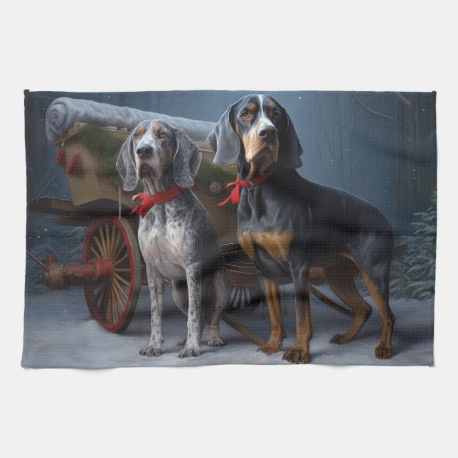 Bluetick Coonhound Snowy Sleigh Christmas Decor  Kitchen Towel (Horizontal)