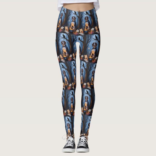 Bluetick Coonhound Whimsical Halloween Painting Leggings (Front)