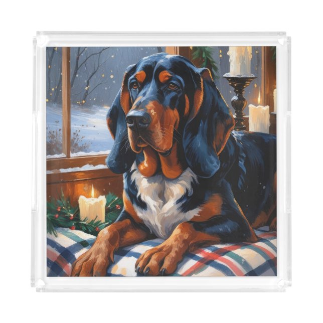 Bluetick Coonhound With Christmas Lights Holiday Acrylic Tray (Front)