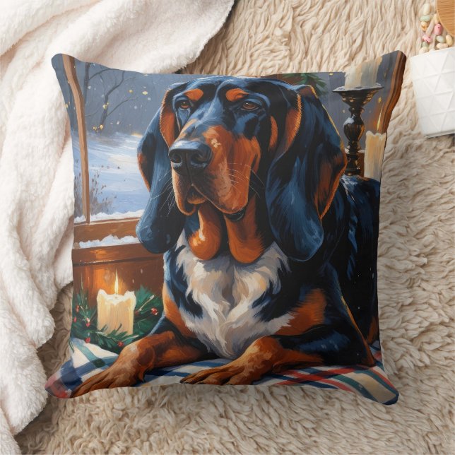 Bluetick Coonhound With Christmas Lights Holiday Throw Pillow (Blanket)