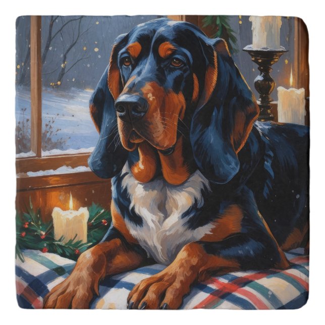 Bluetick Coonhound With Christmas Lights Holiday Trivet (Front)