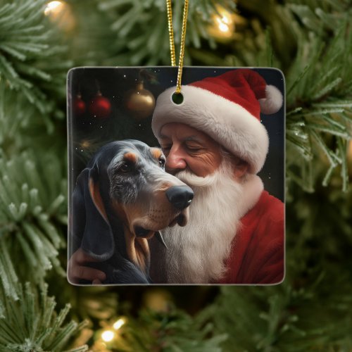 Bluetick Coonhound With Santa Claus Christmas Ceramic Ornament