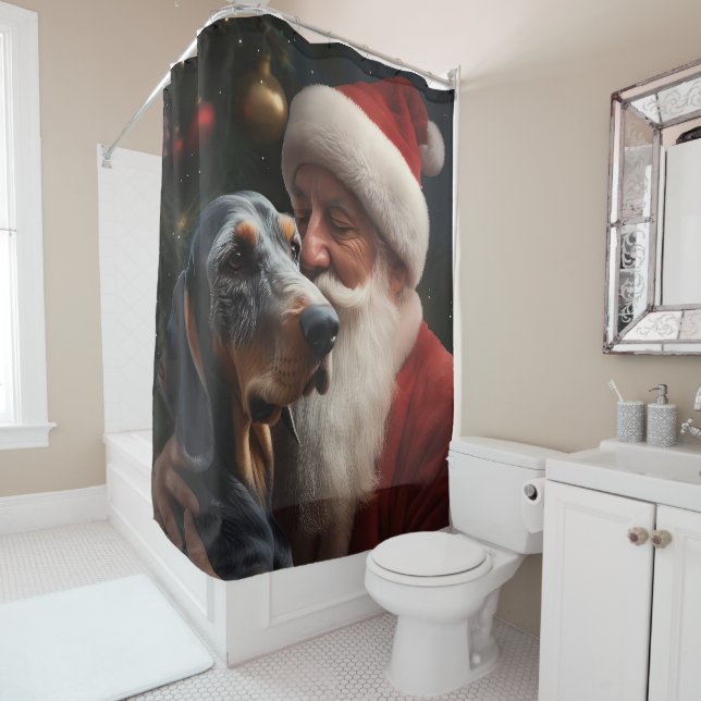 Bluetick Coonhound With Santa Claus Christmas Shower Curtain (In Situ)