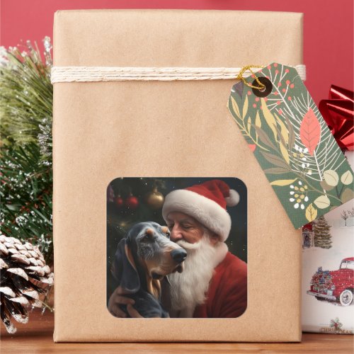 Bluetick Coonhound With Santa Claus Christmas Square Sticker