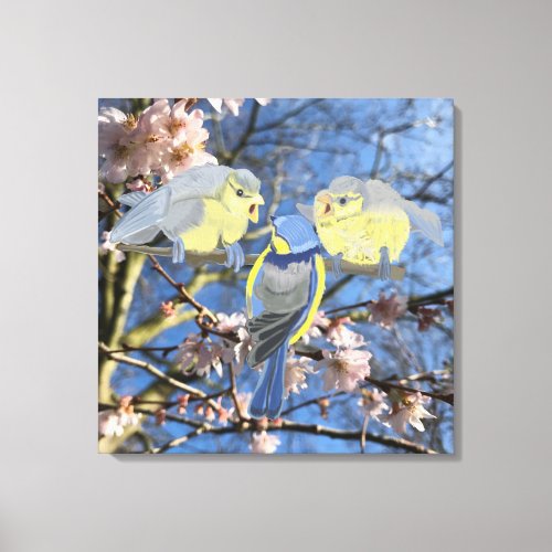 Bluetit Mother and Chicks against Almond Blossom Canvas Print