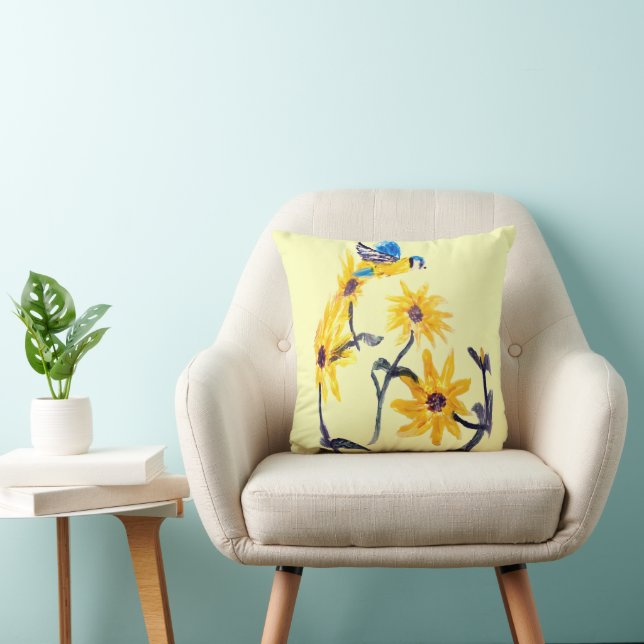 Bluetit, Yellow Sunflowers Art, Floral Throw Pillow (Chair)