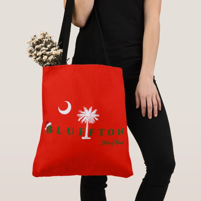 Bluffton State of Mind Christmas Holiday Red Green Tote Bag (Close Up)