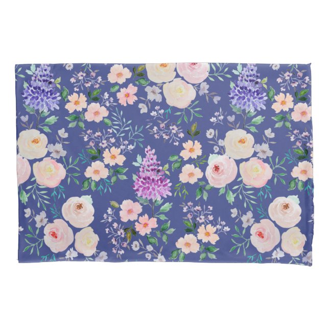 Bluing  Blue Watercolor Floral Pillow Case (Front)