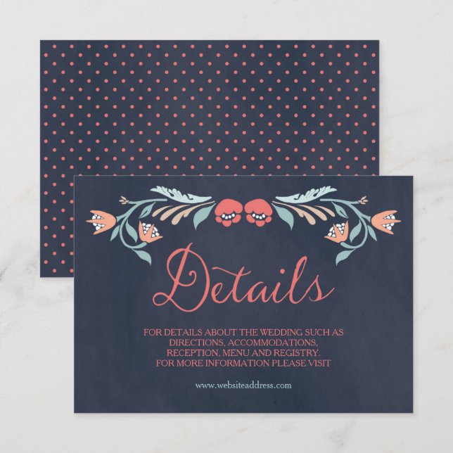 Bluish Chalkboard Elegant Floral Wedding Details Enclosure Card (Front/Back)