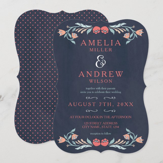 Bluish Chalkboard Elegant Floral Wedding Invitation (Front/Back)