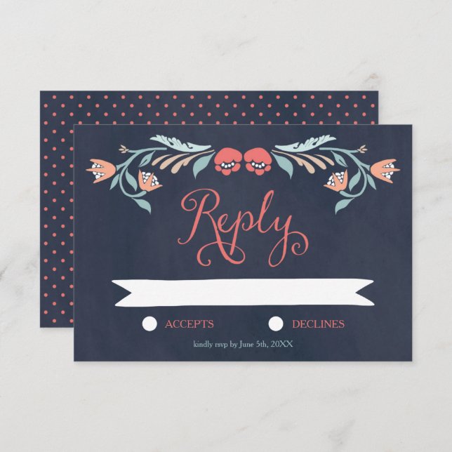 Bluish Chalkboard Elegant Floral Wedding RSVP (Front/Back)