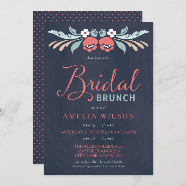 Bluish Chalkboard Floral Bridal Brunch Invitation (Front/Back)