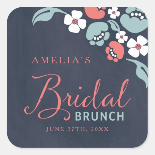 Bluish Chalkboard Floral Bridal Brunch Square Square Sticker Zazzle 6428