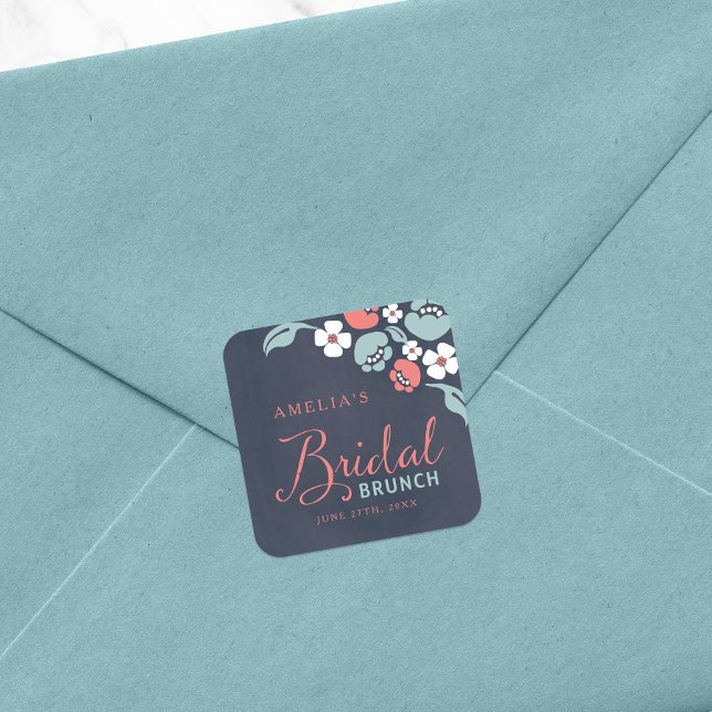Bluish Chalkboard Floral Bridal Brunch Square Sticker (Creator Uploaded)